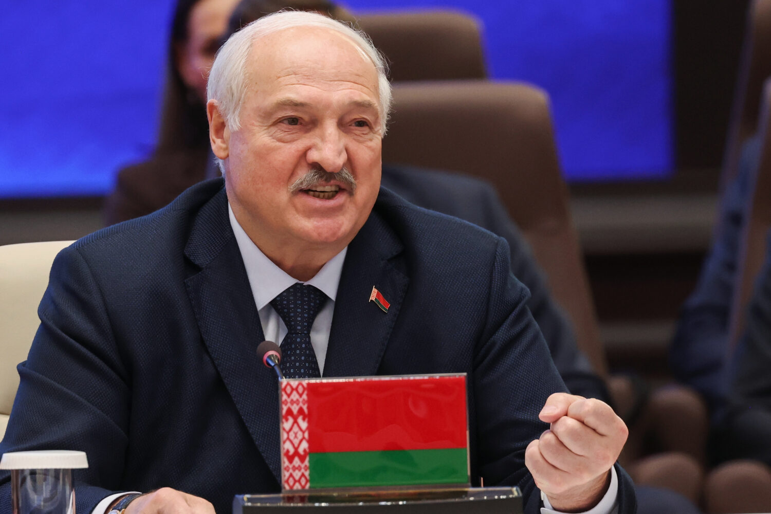 Belarusian President Alexander Lukashenko gestures while speaking at the Shanghai Cooperation Organ...