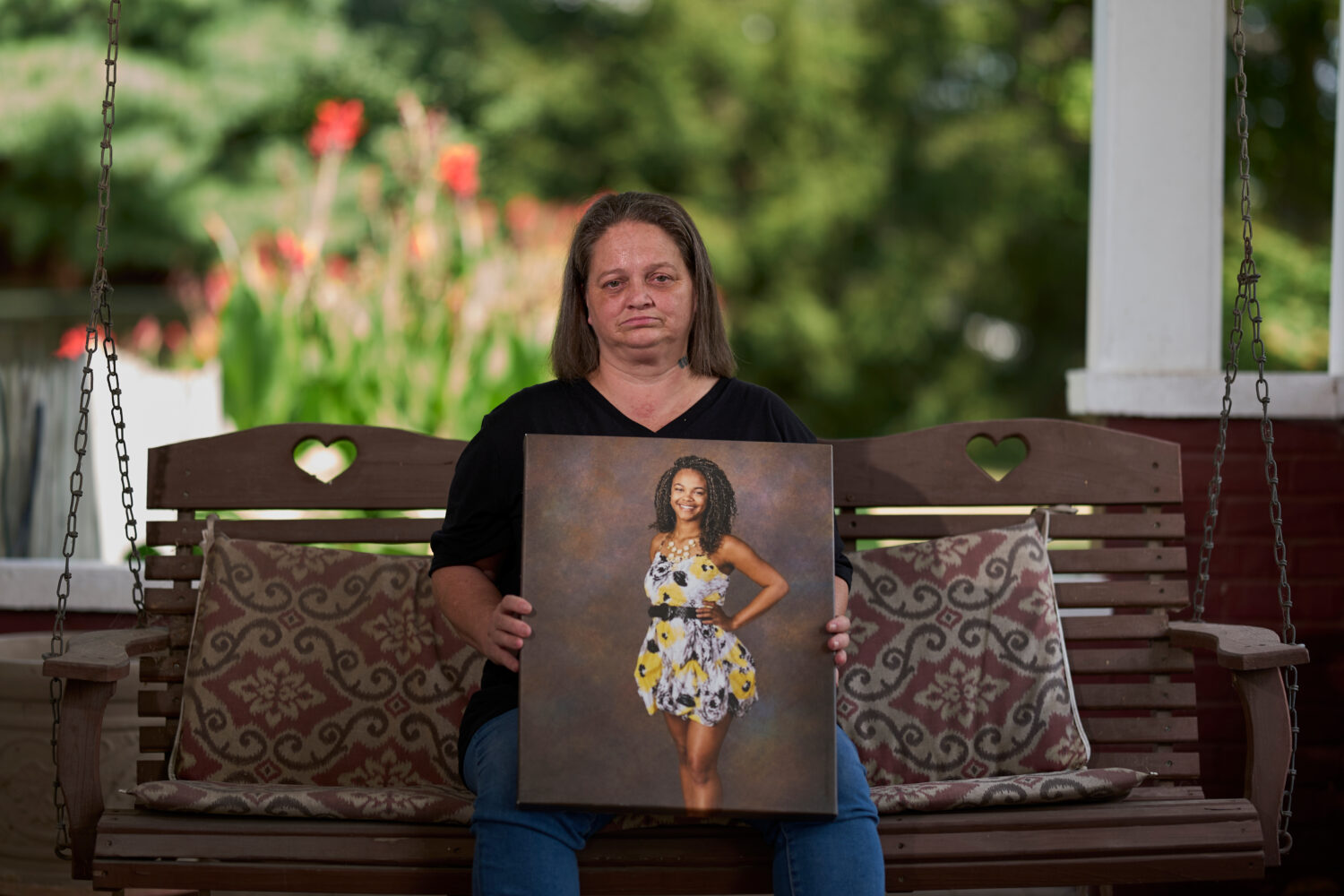 Christy Spivey poses with a portrait of her late daughter, Tasia Fortune, on Tuesday, Sept. 8, 2026...