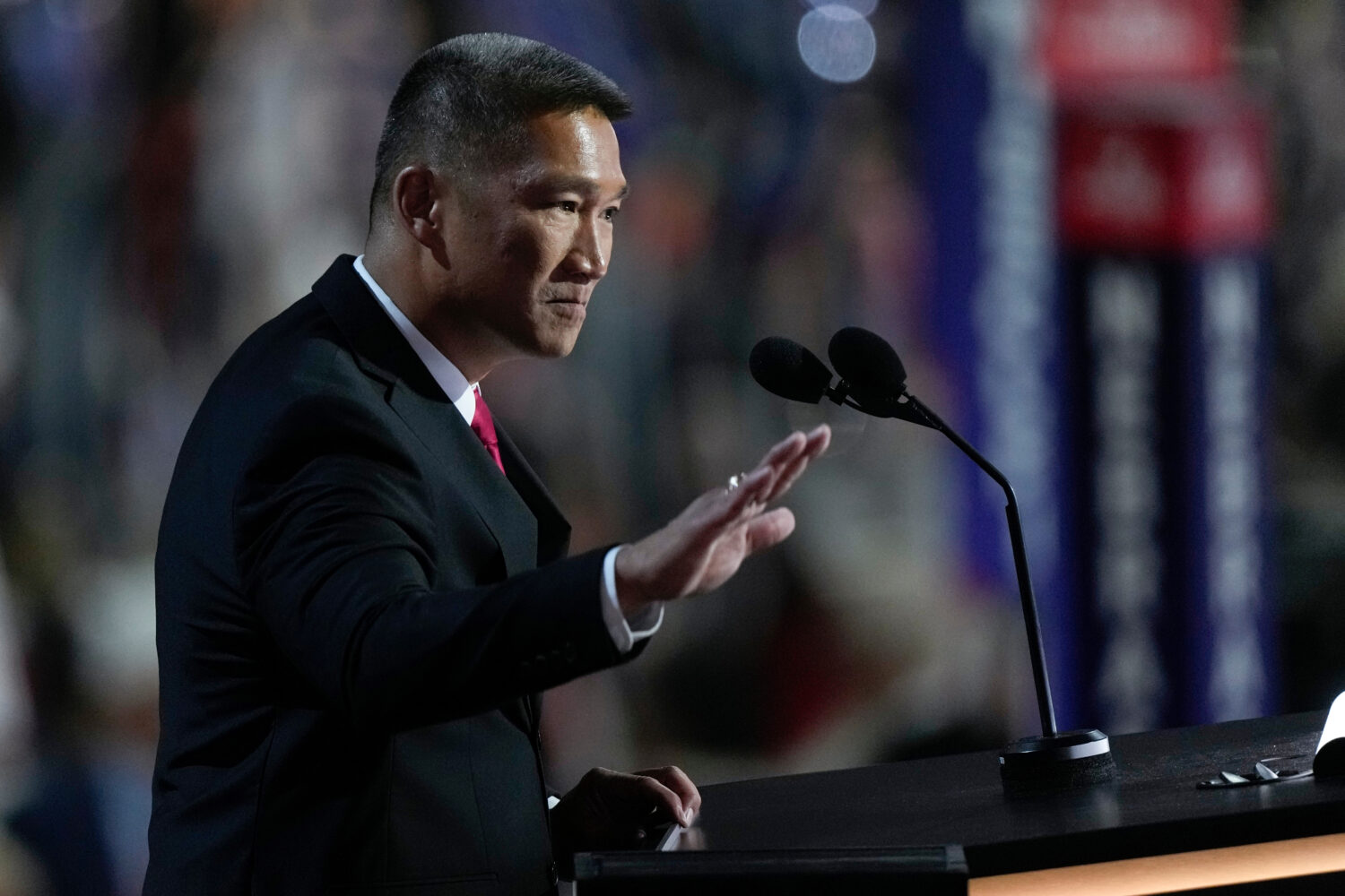 FILE - Hung Cao speaks during the Republican National Convention, July 16, 2024, in Milwaukee. (AP ...