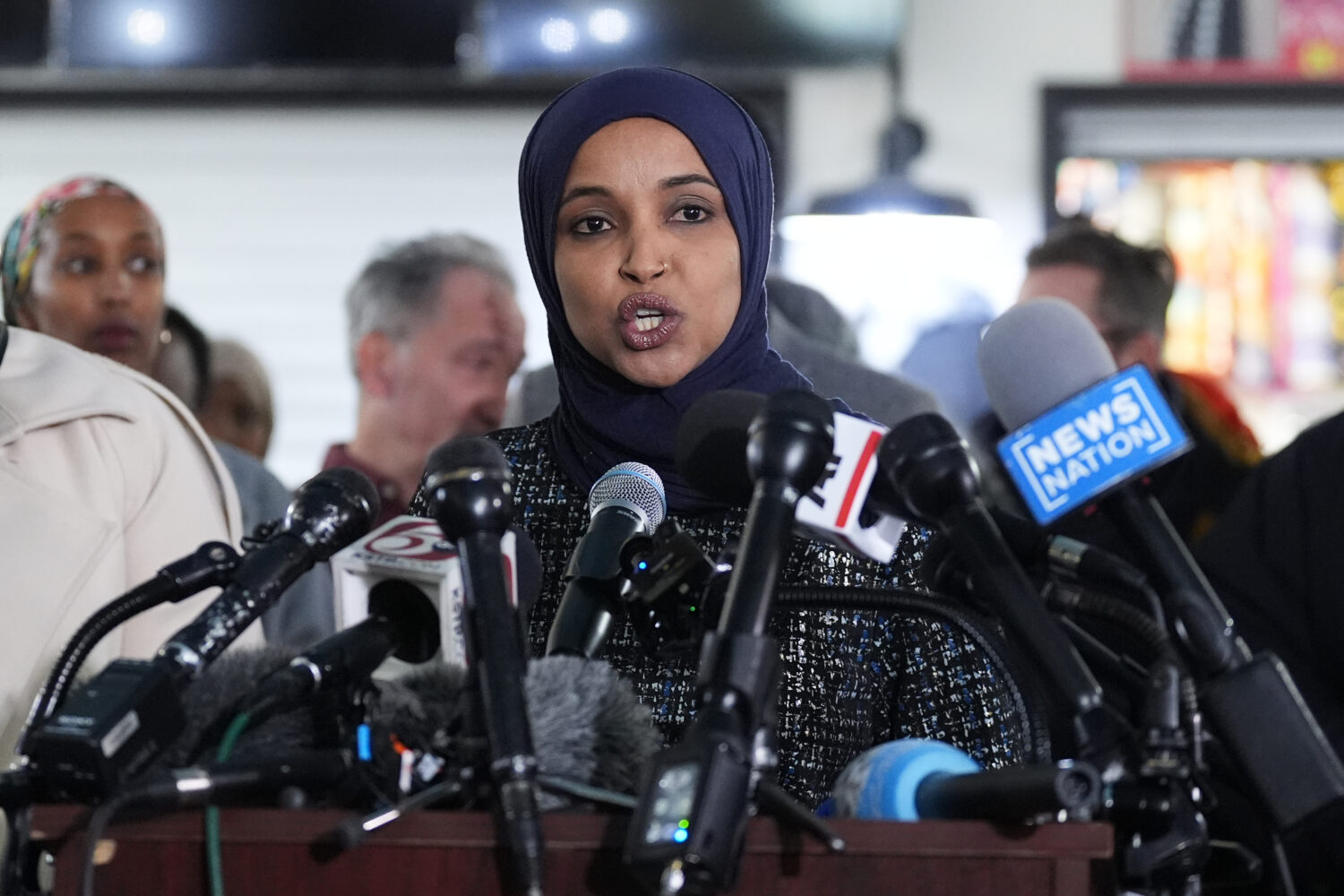 FILE - Rep. Ilhan Omar, D-Minn., speaks during a news conference on Jan. 28, 2026, in Minneapolis. ...