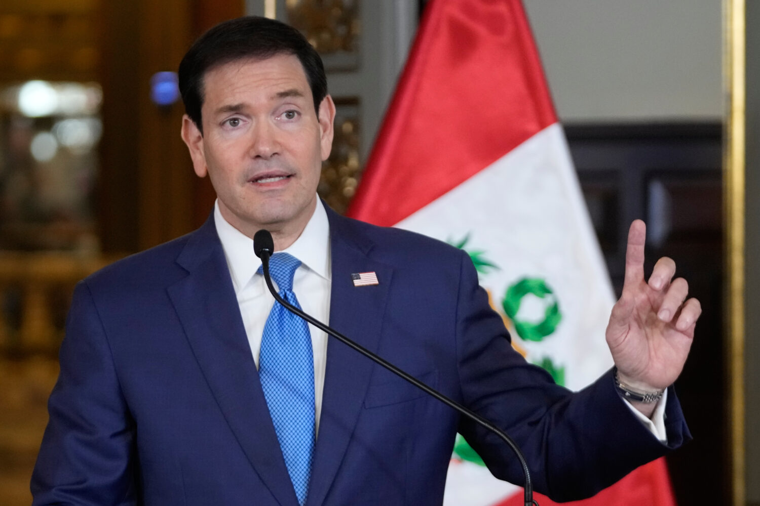 U.S. Secretary of State Marco Rubio gives a joint news conference with Peruvian President Keiko Fuj...