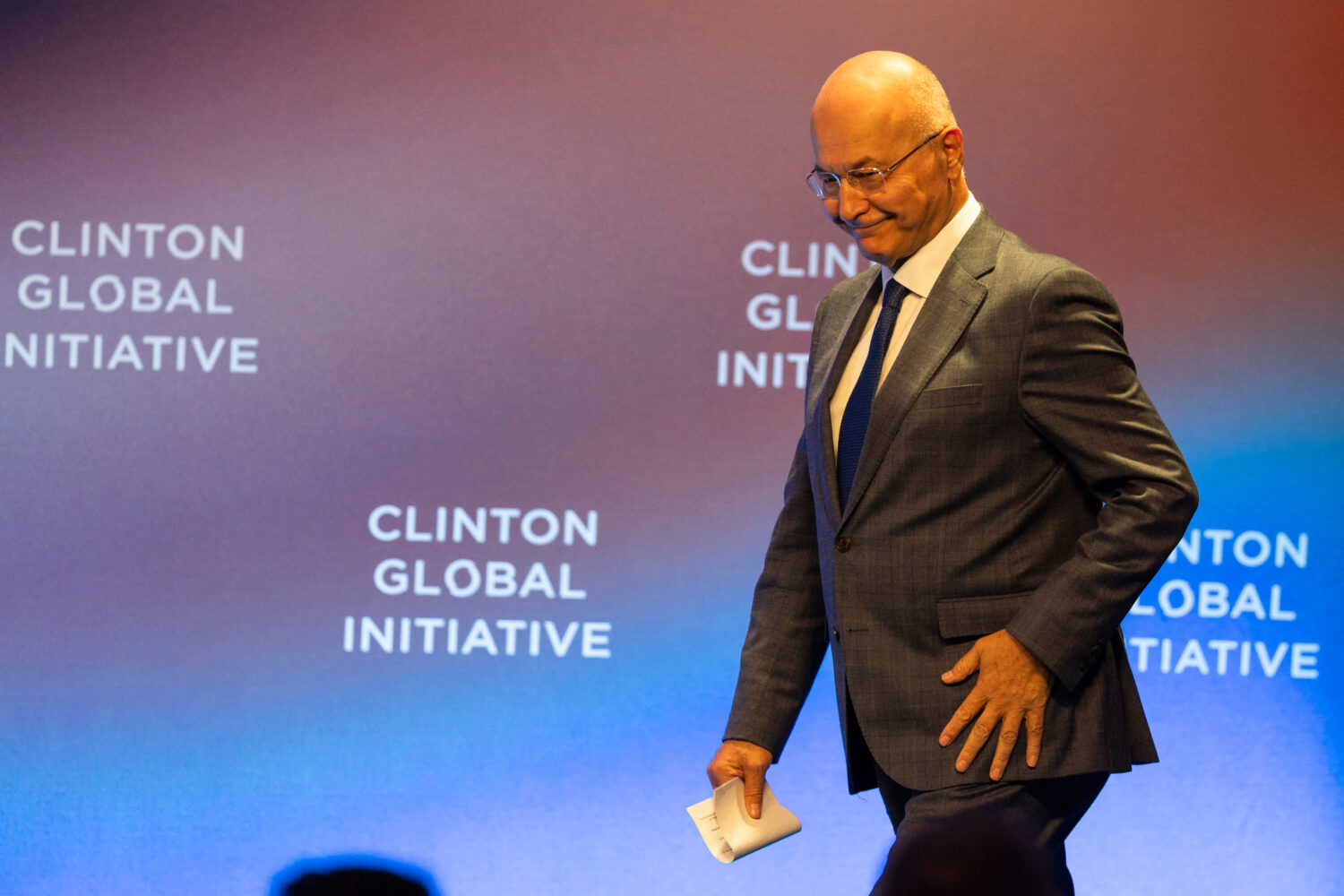 Barham Salih walks on stage during the Clinton Global Initiative, Wednesday, Sept. 23, 2026, in New...