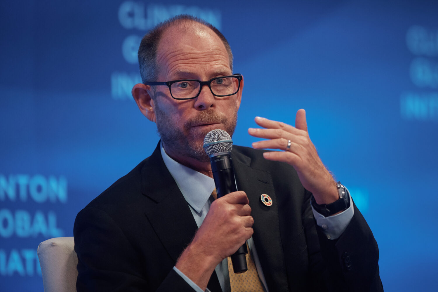 FILE - Mark Suzman, CEO and Board Member of the Gates Foundation speaks during the Clinton Global I...