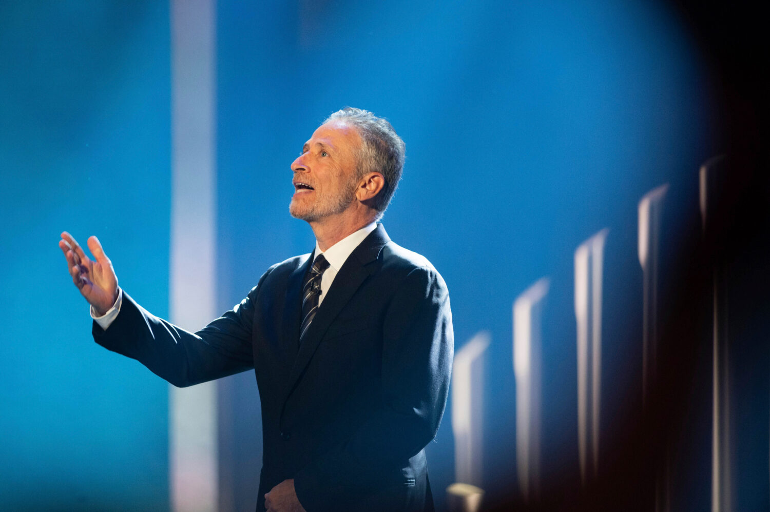 FILE - Mark Twain Prize recipient Jon Stewart is introduced at the start of the 23rd annual Mark Tw...