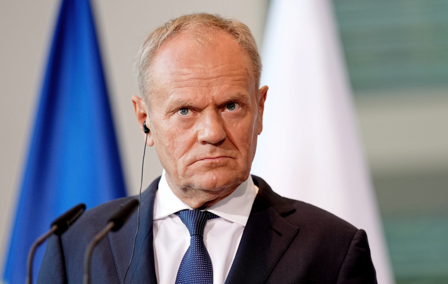 FILE - Polish Prime Minister Donald Tusk looks on during a press conference during the E5 summit of...