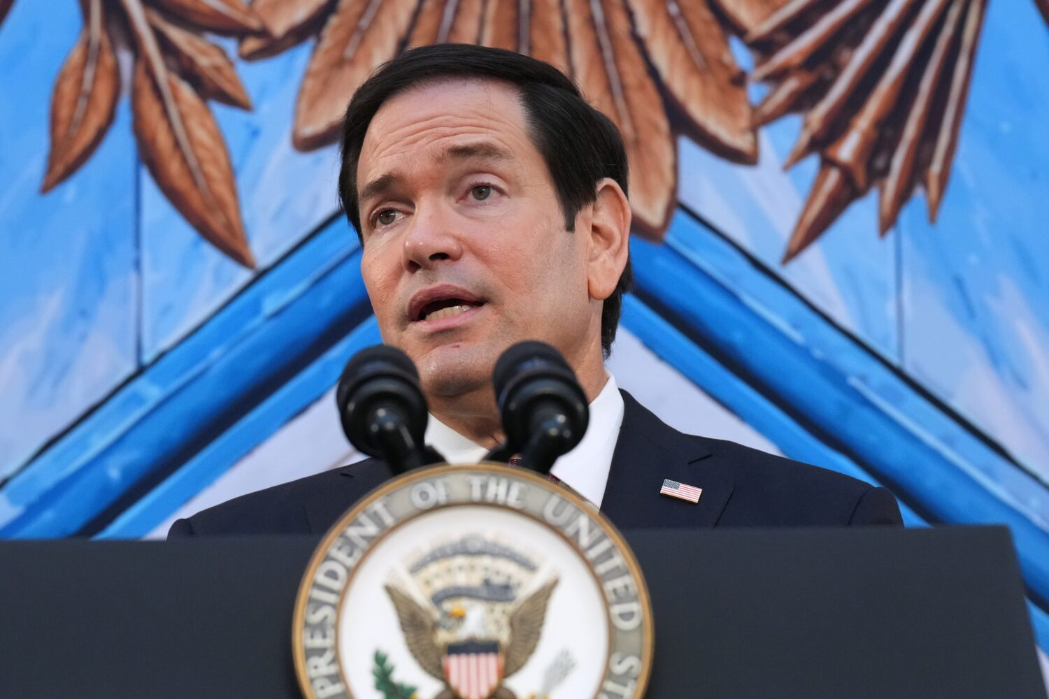 Secretary of State Marco Rubio, speaks during an event at the renamed Donald J Trump Institute of P...