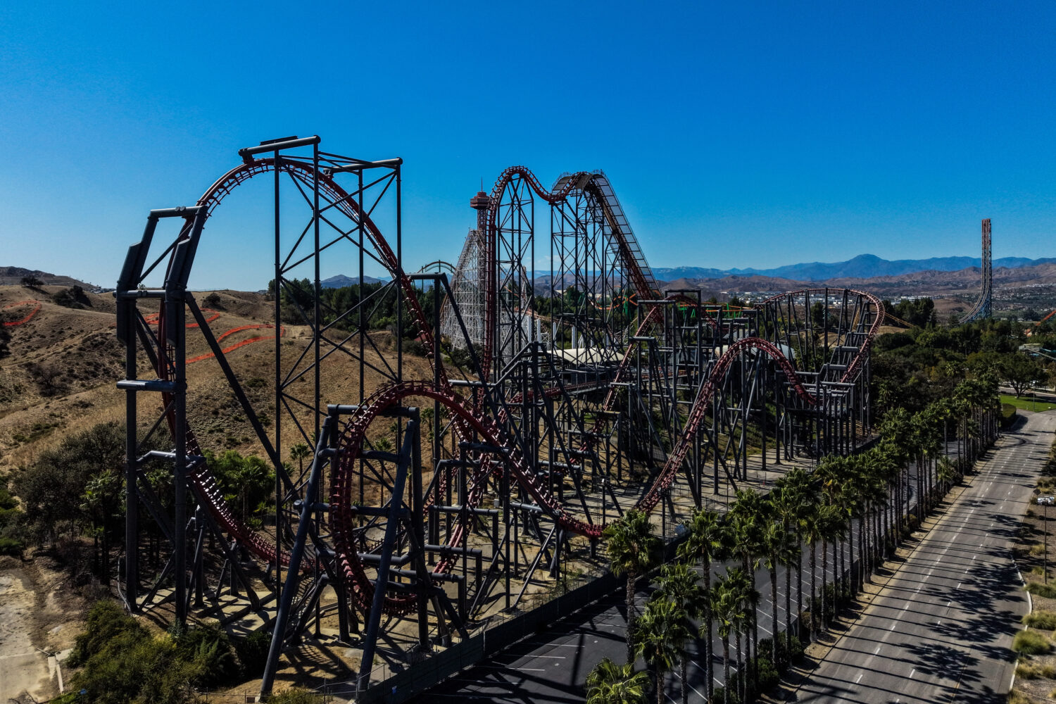 This aerial view shows the X2 roller coaster at Six Flags Magic Mountain in Valencia, Calif., Wedne...