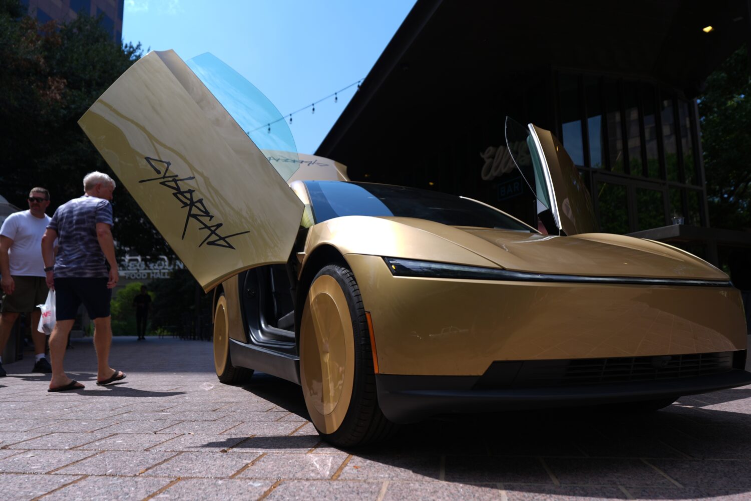 A Tesla Cybercab is displayed in downtown Austin, Texas, Thursday, Sept. 3, 2026. (AP Photo/Eric Ga...
