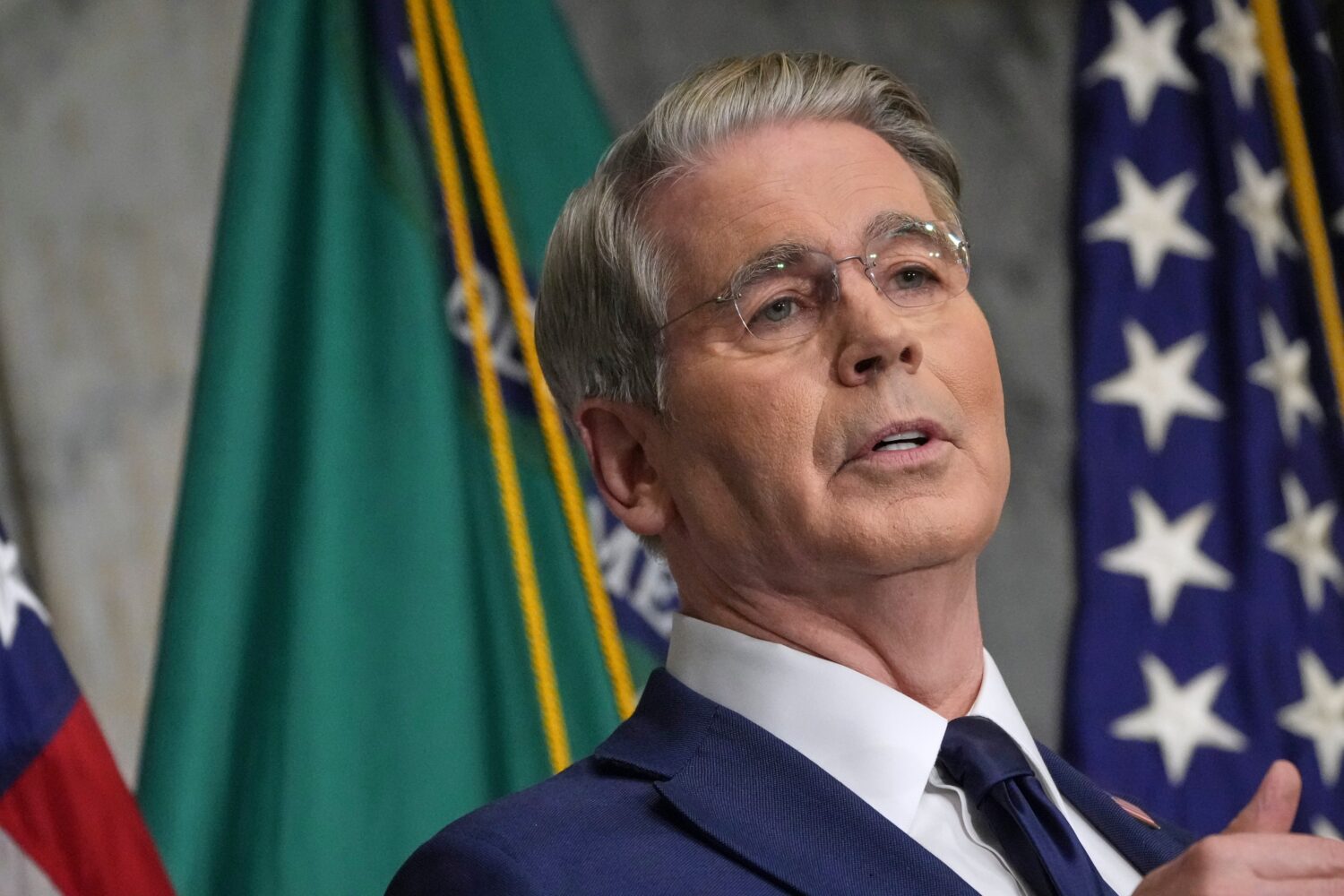 Treasury Secretary Scott Bessent speaks at a news conference, Monday, Aug. 24, 2026, at the Treasur...
