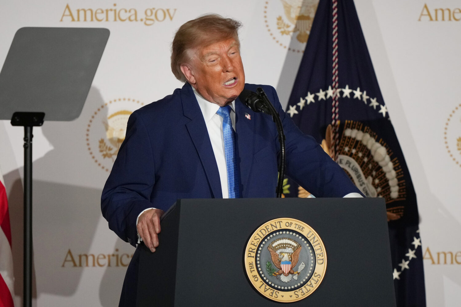 President Donald Trump speaks during an event to mark the launch of the America.gov website, Tuesda...