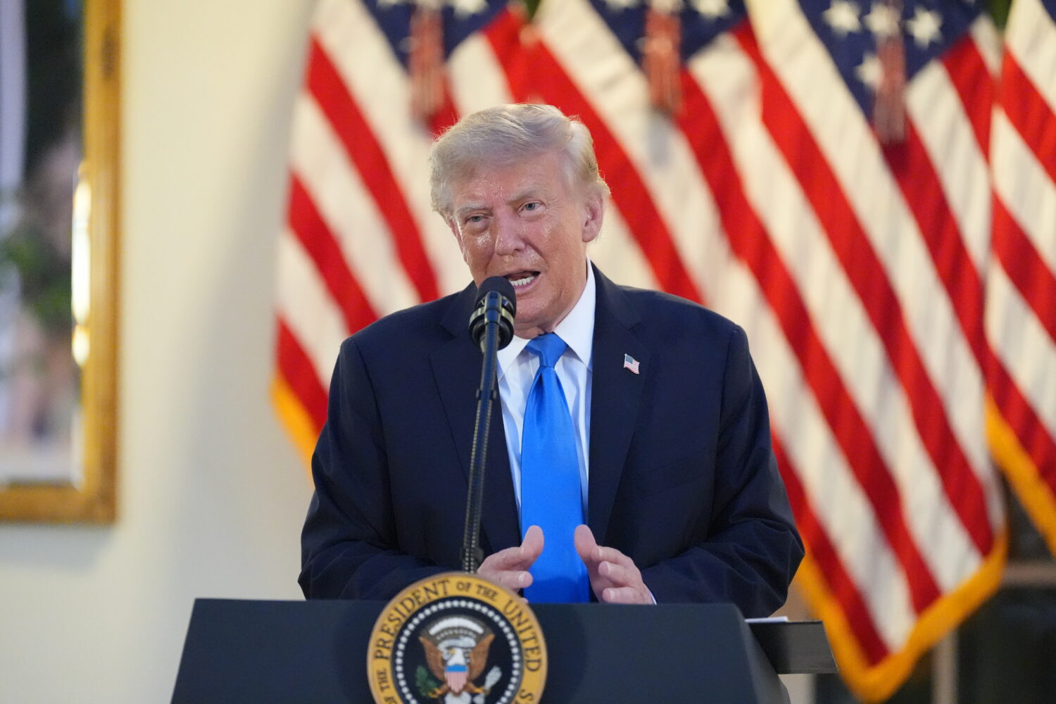 President Donald Trump speaks during an event with Republican lawmakers in the Rose Garden of the W...