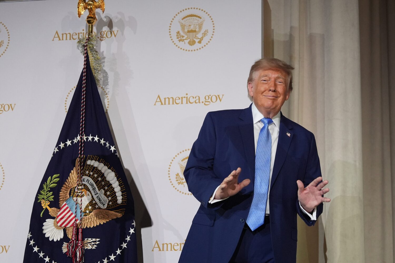 President Donald Trump on stage at the Andrew W. Mellon Auditorium, Tuesday, Sept. 29, 2026, in Was...
