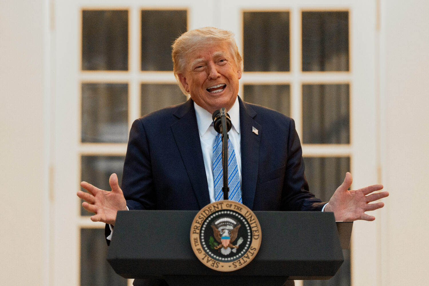 President Donald Trump speaks during a dinner in the Rose Garden of the White House, Thursday, Sept...