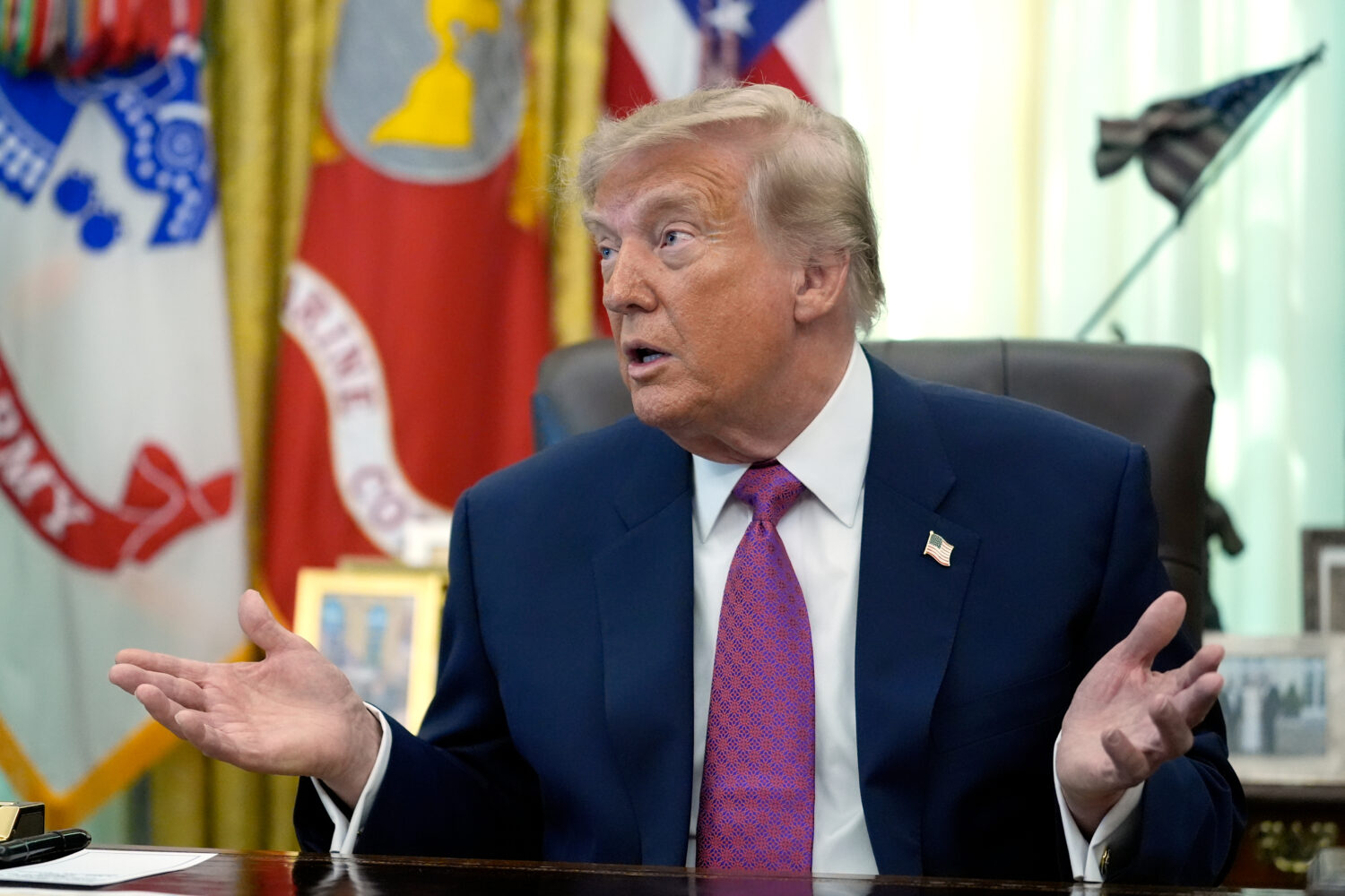 President Donald Trump speaks in the Oval Office of the White House, Thursday, Aug. 27, 2026, in Wa...