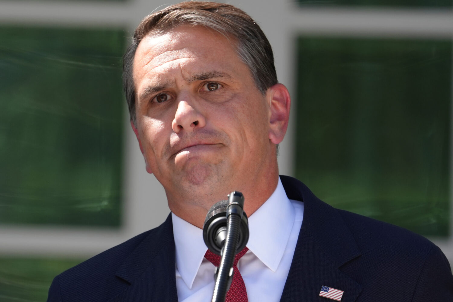 U.S. Attorney General Todd Blanche listens during a news briefing in the Rose Garden of the White H...