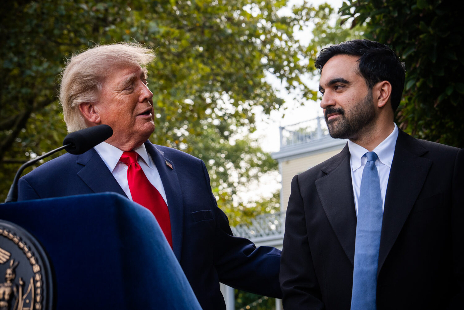 New York City Mayor Zohran Mamdani stands by as President Donald Trump speaks during a joint news c...