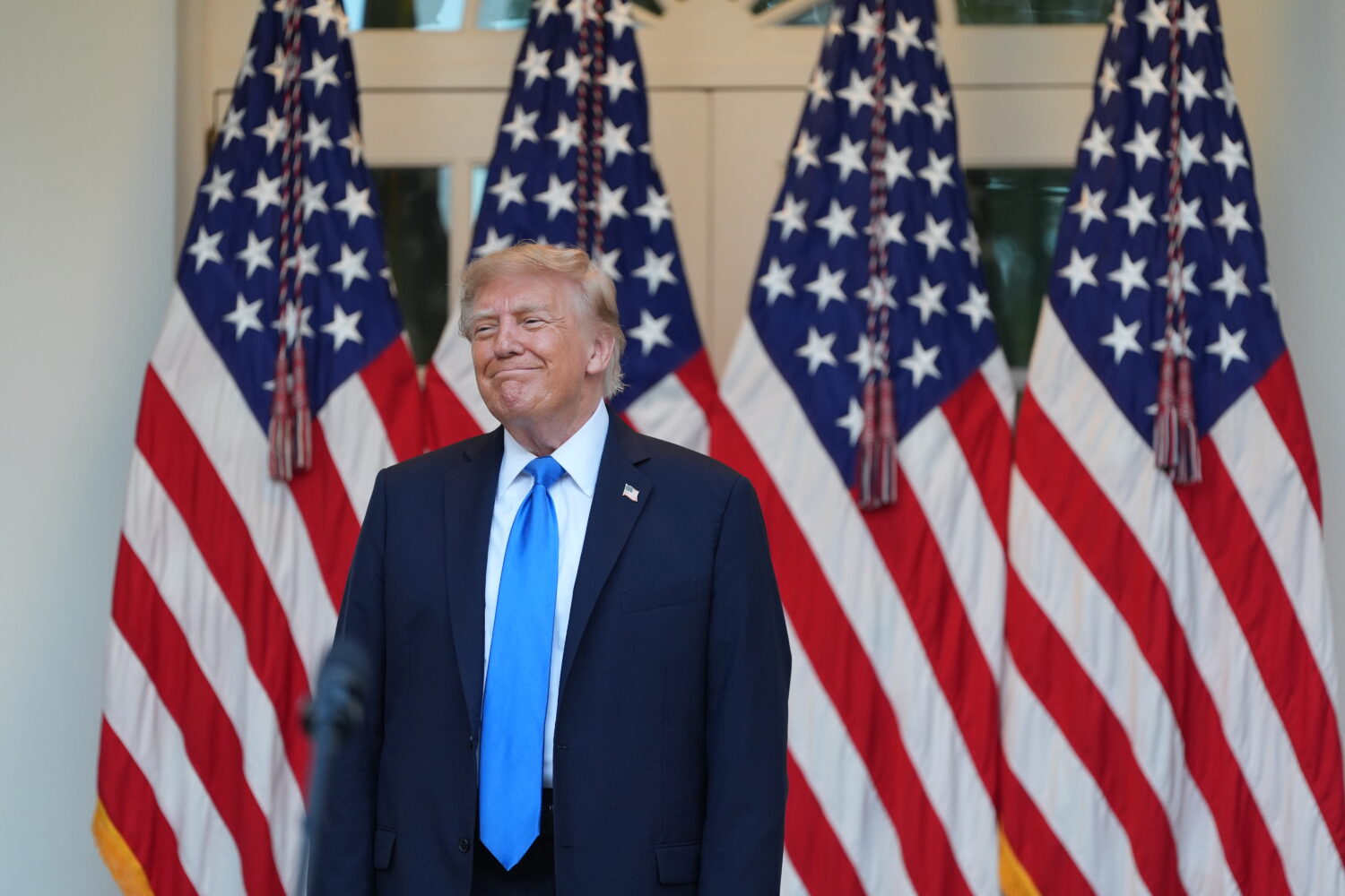 President Donald Trump attends an event with Republican lawmakers in the Rose Garden of the White H...