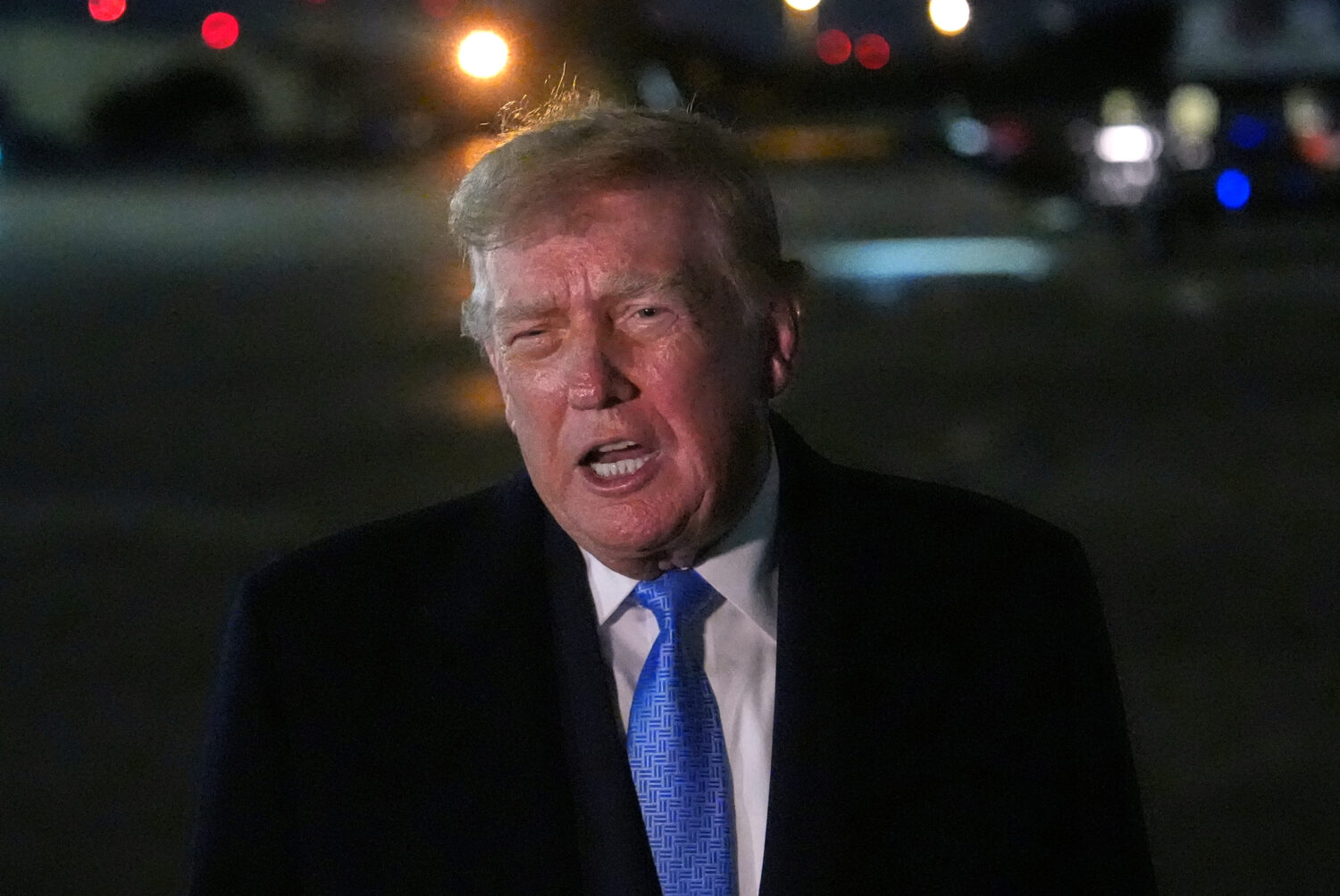 President Donald Trump speaks with reporters upon arriving, Sunday, Sept. 27, 2026, at Joint Base A...
