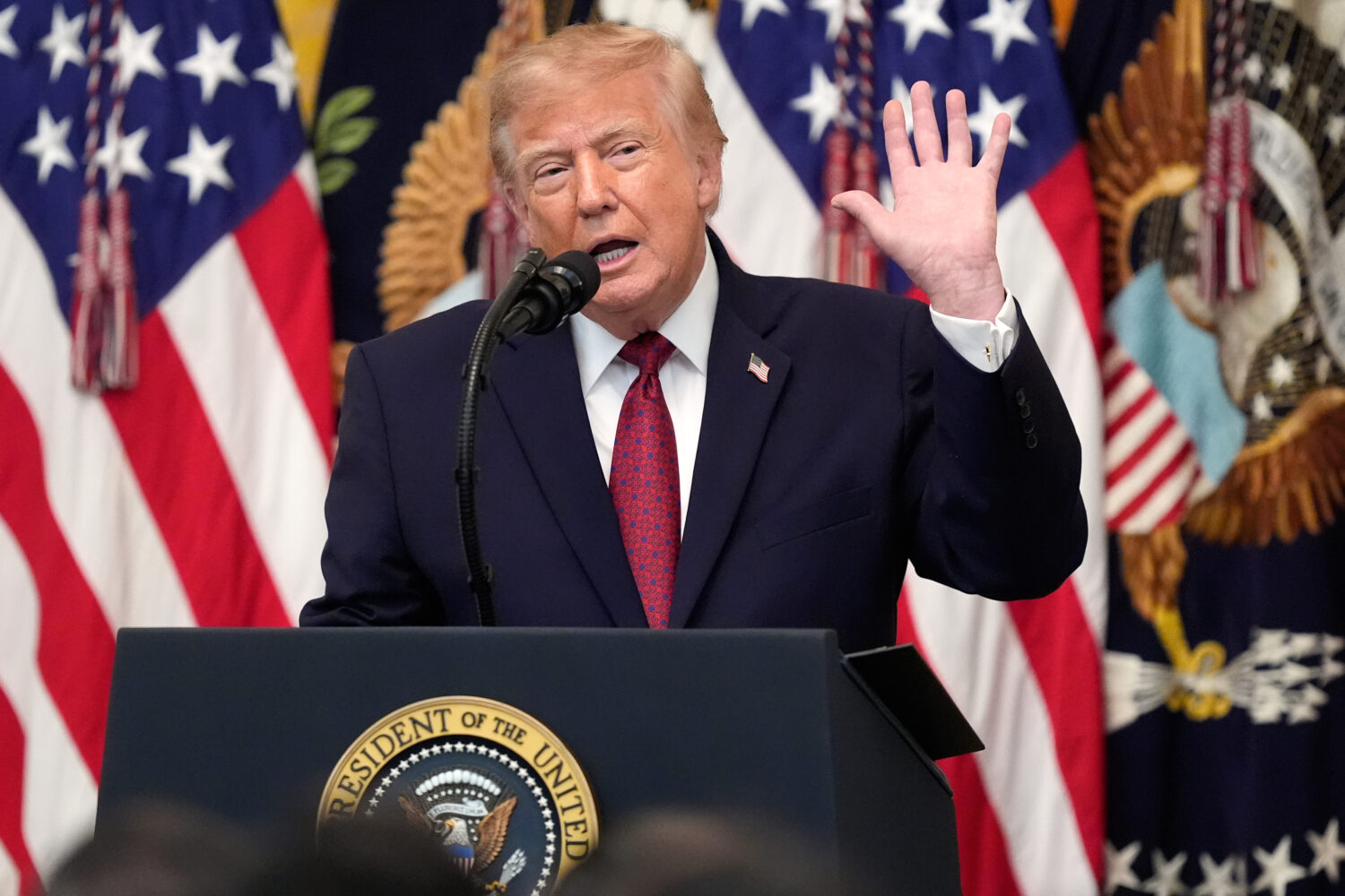 President Donald Trump speaks during an East Room event at the White House celebrating Hispanic Her...