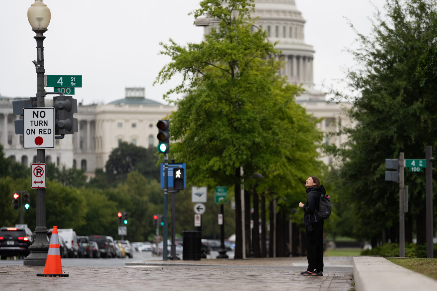 An individual watches a protester scale a light pole and unfurl a banner to protest the upcoming St...