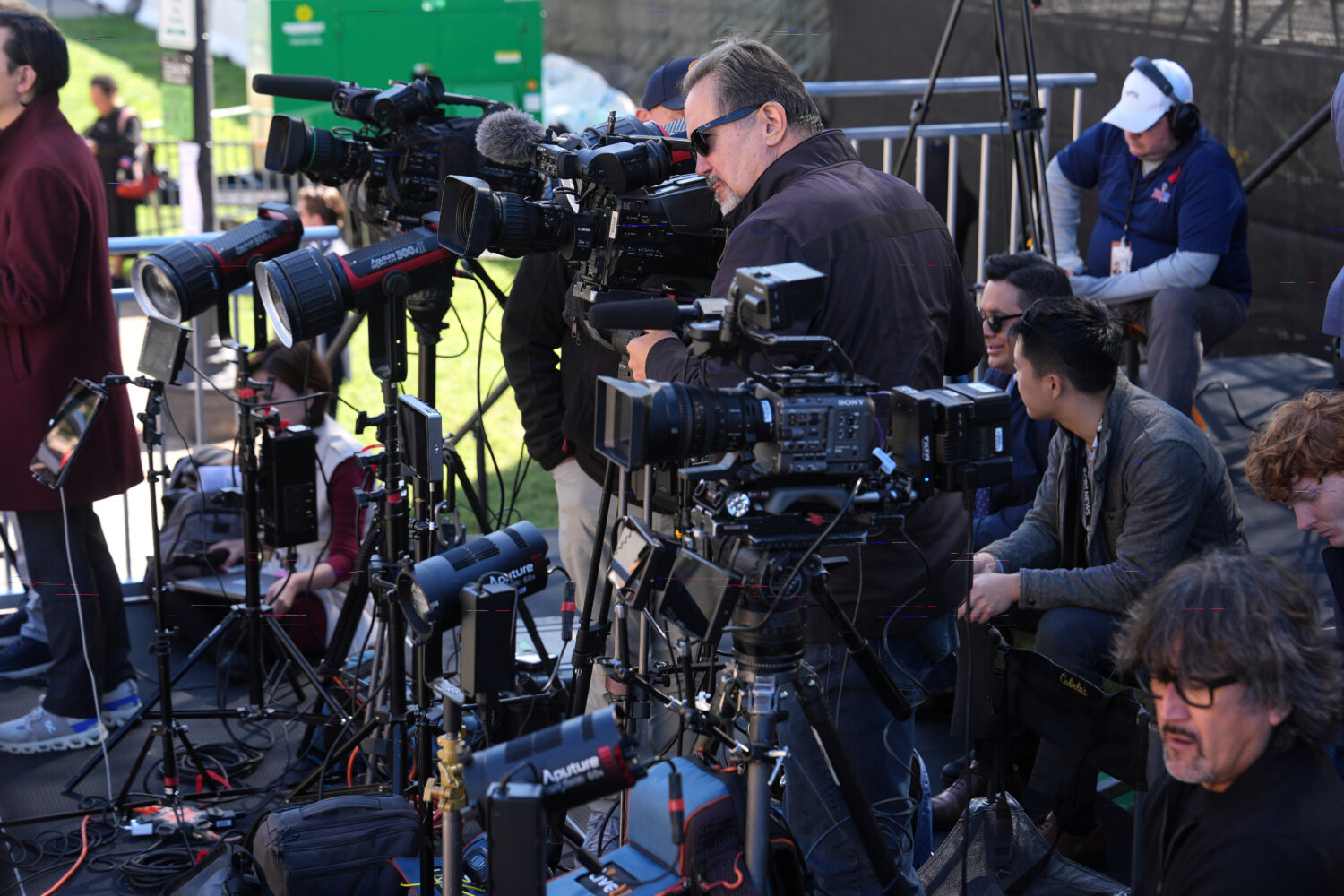 Television networks set up before President Donald Trump, first lady Melania Trump, China's Preside...