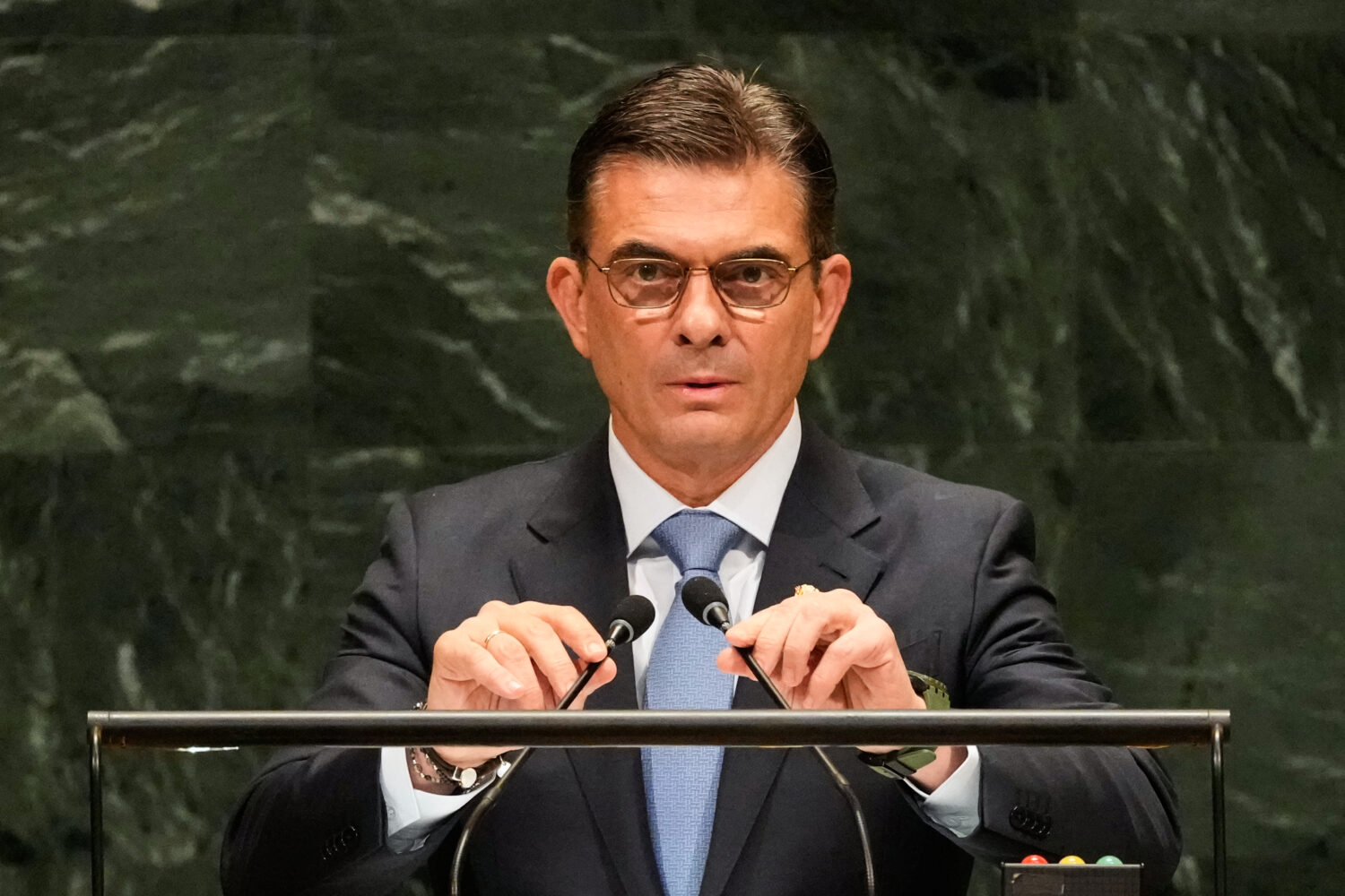 Bolivia's President Rodrigo Paz Pereira speaks during the 81st session of the United Nations Genera...