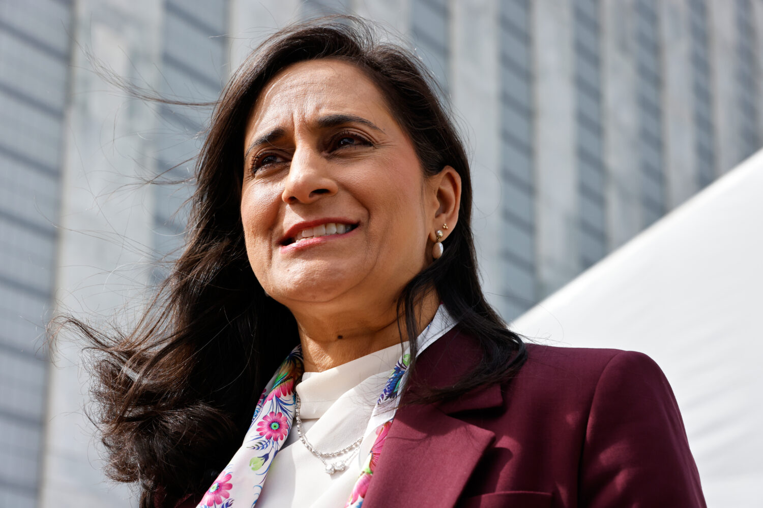 Canadian Foreign Minister Anita Anand speaks outside United Nations headquarters during the 81st se...