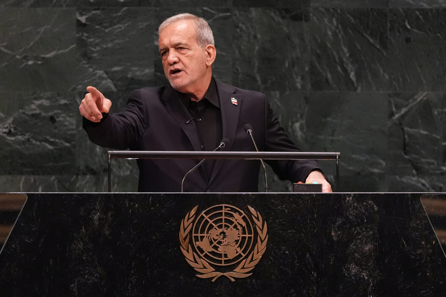 Iran's President Masoud Pezeshkian speaks during the 81st session of the United Nations General Ass...