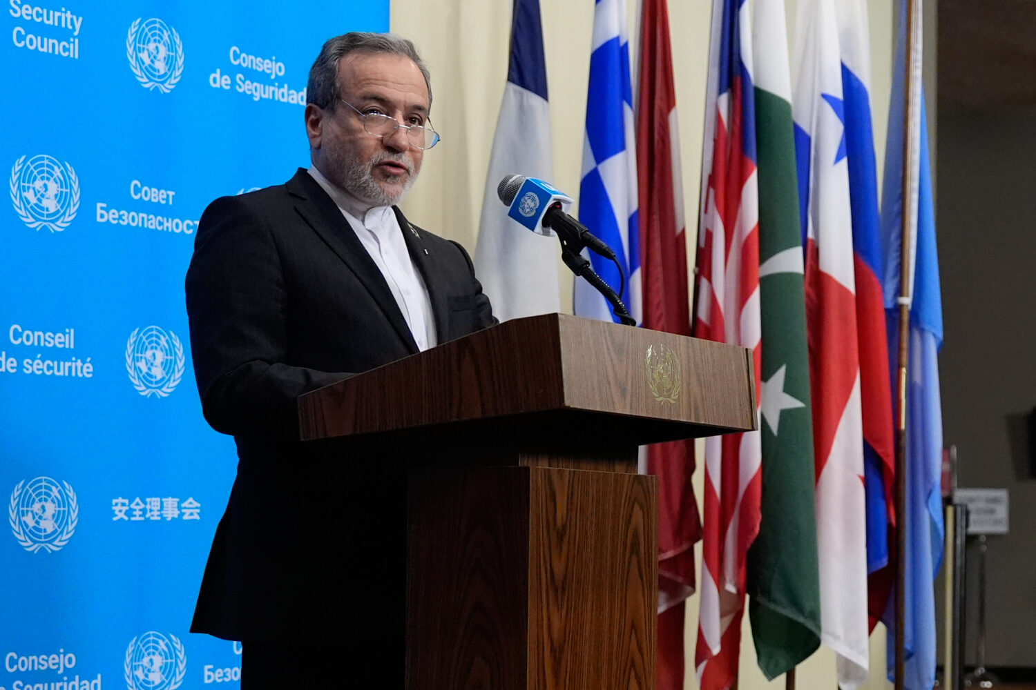 Iran's Foreign Minister Abbas Araghchi speaks to the media during the 81st session of the United Na...