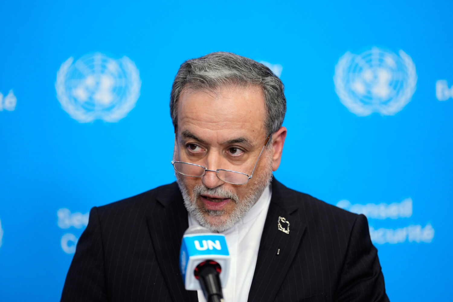Iran's Foreign Minister Abbas Araghchi speaks to the media during the 81st session of the United Na...