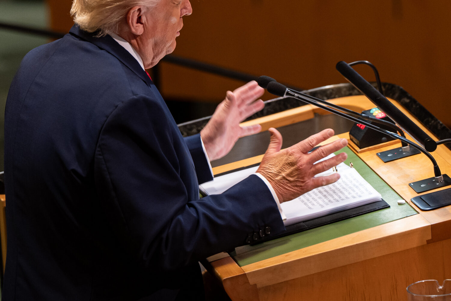 FILE - President Donald Trump gestures as he addresses the 80th session of the United Nations Gener...