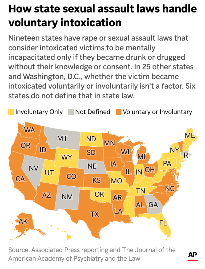 The map above shows how US states sexual assault laws handle voluntary intoxication. (AP Digital Em...