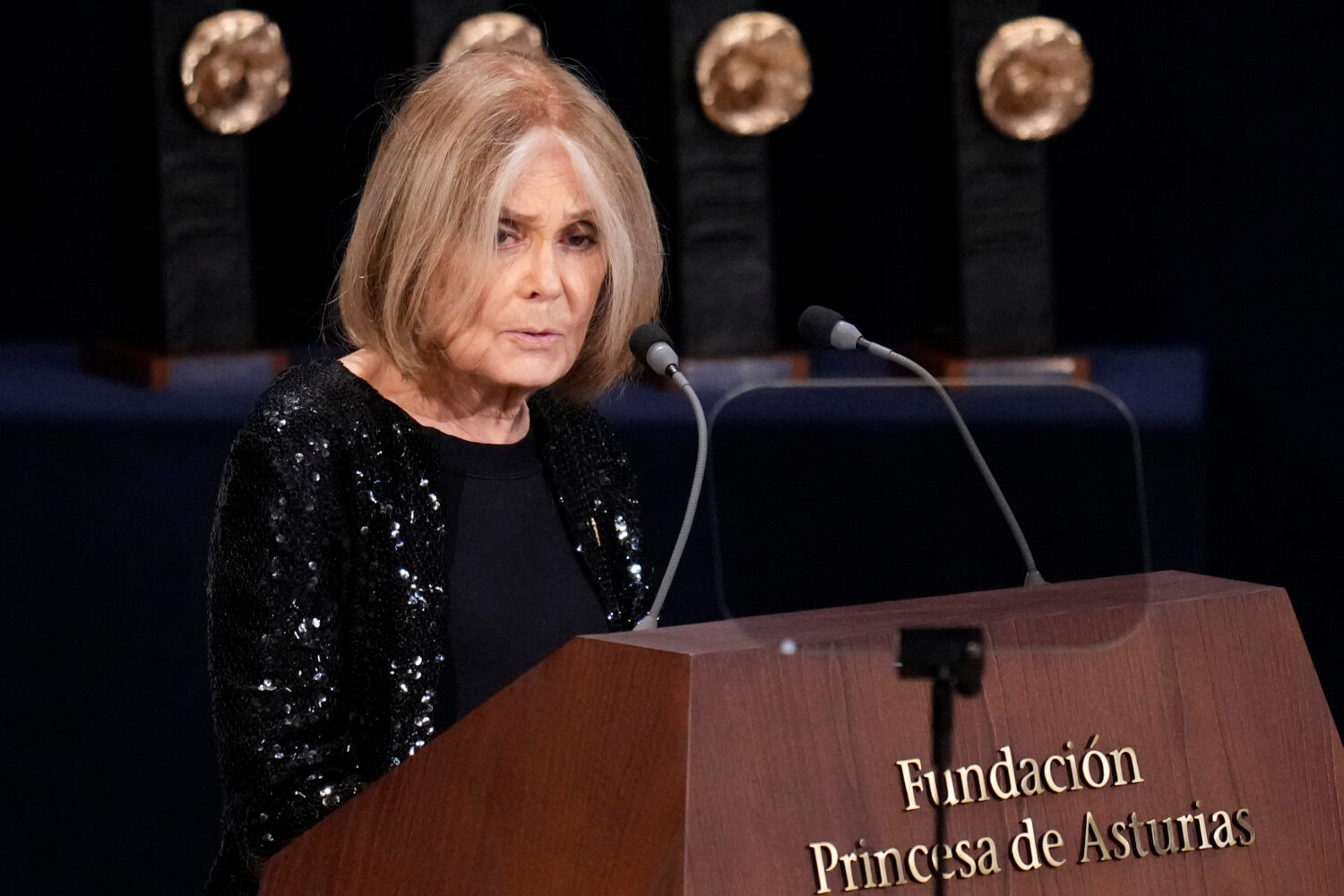 FILE - Gloria Steinem speaks during the 2021 Princess of Asturias Awards ceremony in Oviedo, northe...