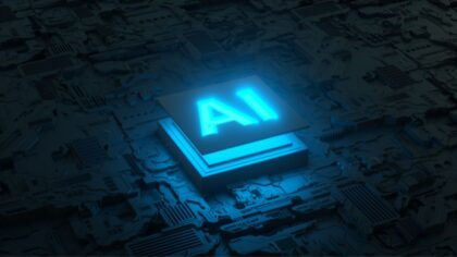 This image depicts a dark circuit board surface with a glowing blue AI chip hovering above. (Image:...