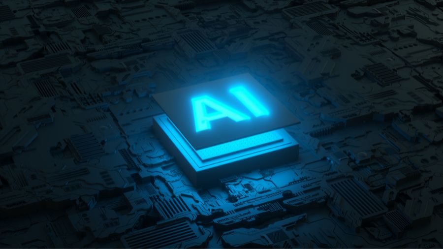This image depicts a dark circuit board surface with a glowing blue AI chip hovering above. (Image:...