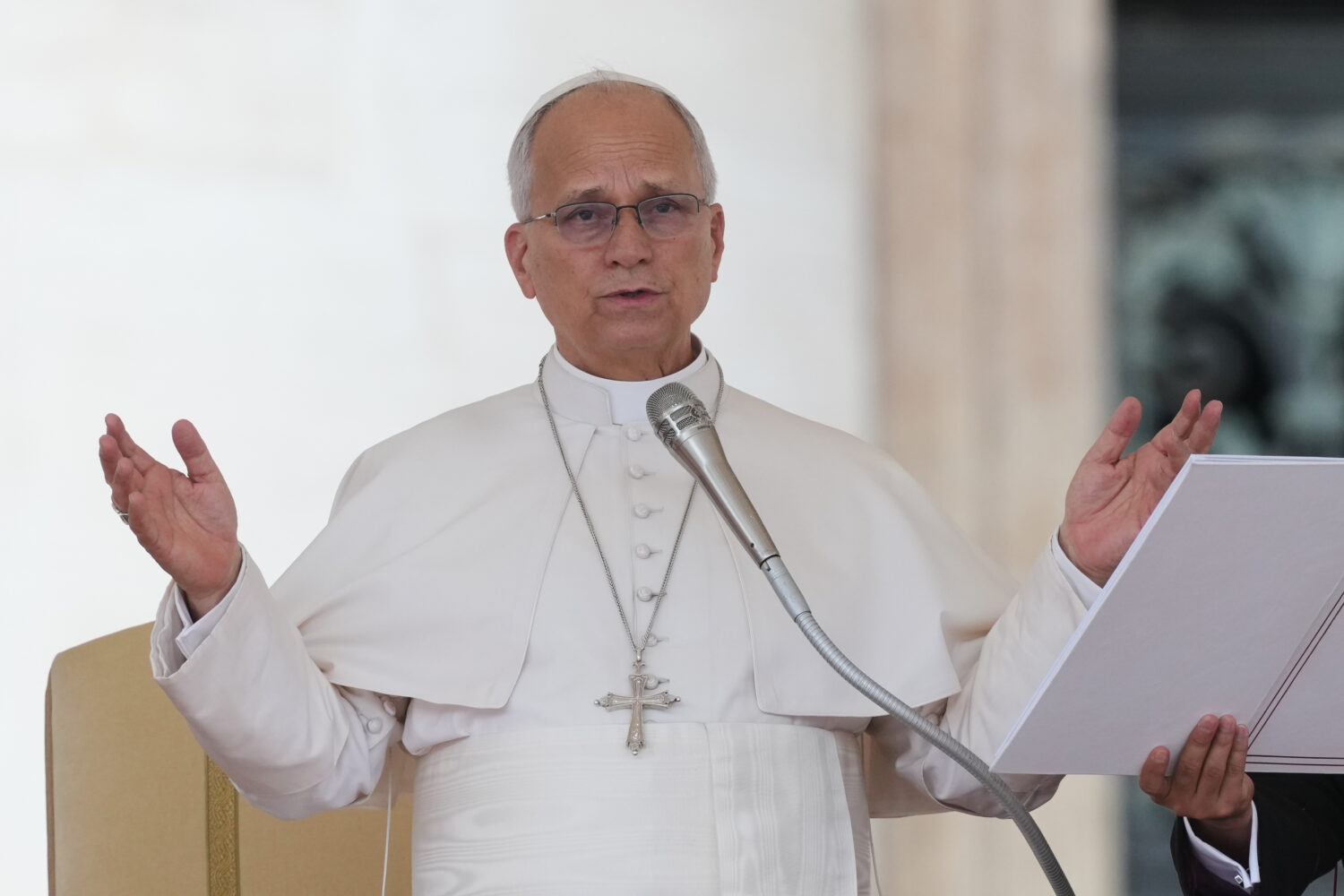 Pope Leo XIV holds his weekly general audience in St. Peter's Square at The Vatican, Wednesday, Sep...