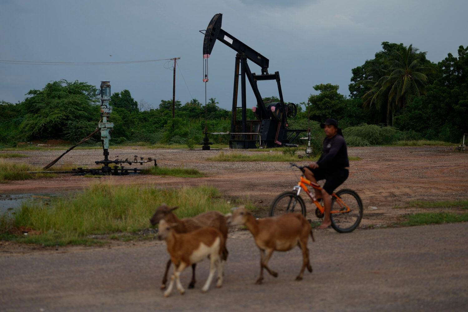 A man rides past an operating oil pumpjack in Cabimas, Venezuela, Monday, Aug. 31, 2026. (AP Photo/...