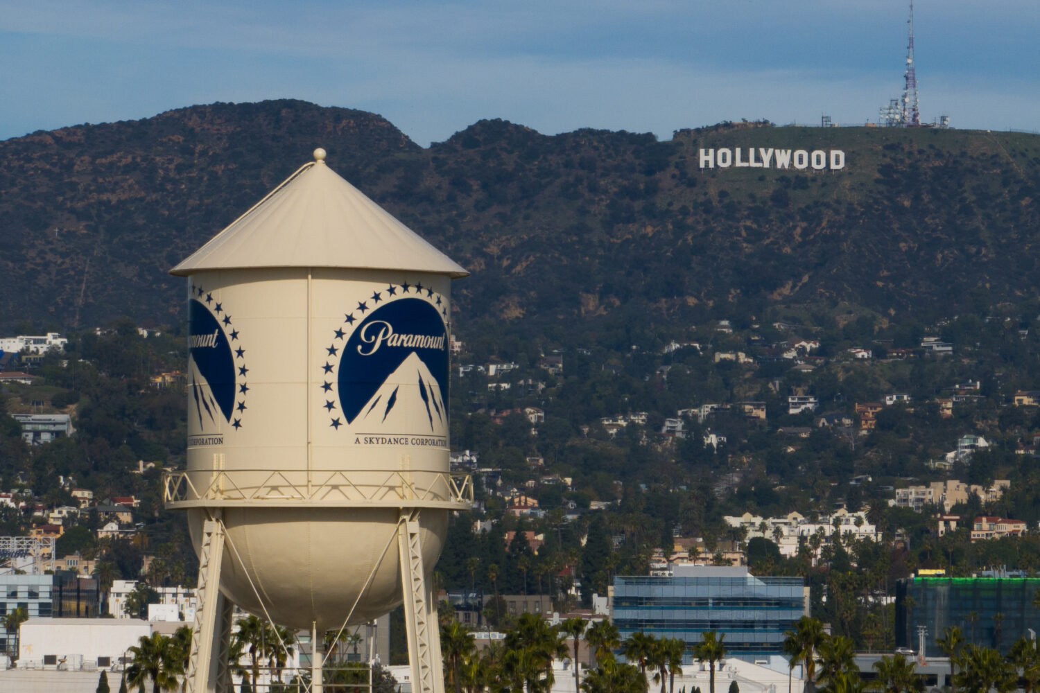 FILE - The Paramount Pictures water tower is seen in Los Angeles, Dec. 18, 2025, with the Hollywood...
