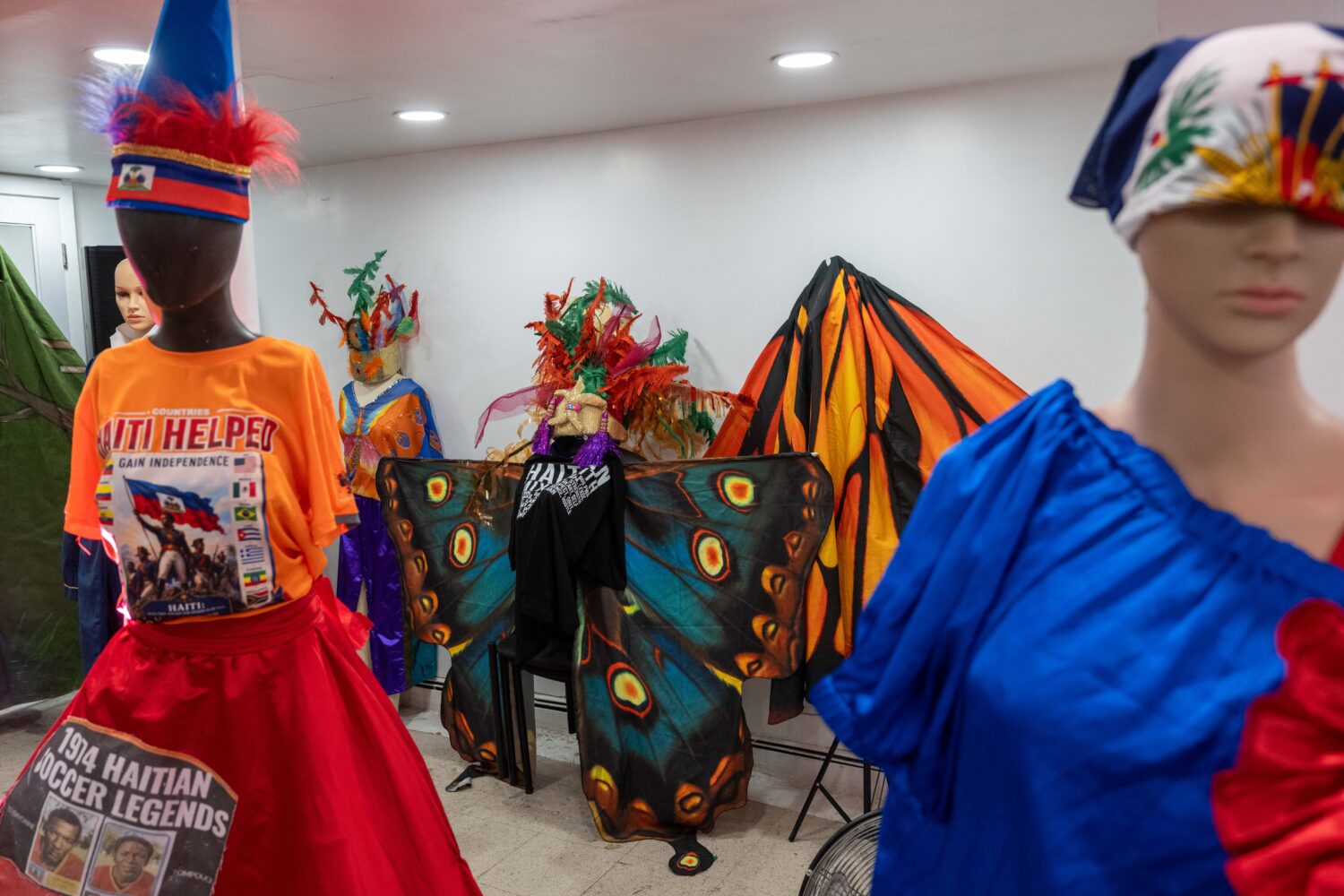 Haitian costumes for Lespri Ayiti Mas Camp are displayed ahead of the West Indian Day Parade, Thurs...