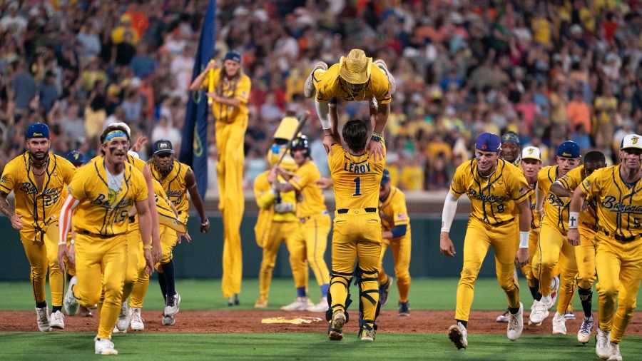 Savannah Bananas perform a routine during a game against the Party Animals at Memorial Stadium on A...
