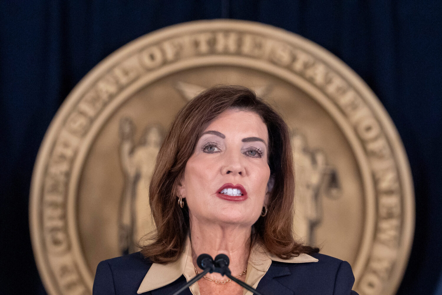New York Governor Kathy Hochul speaks during a news conference, Friday, Oct. 2, 2026, in New York. ...