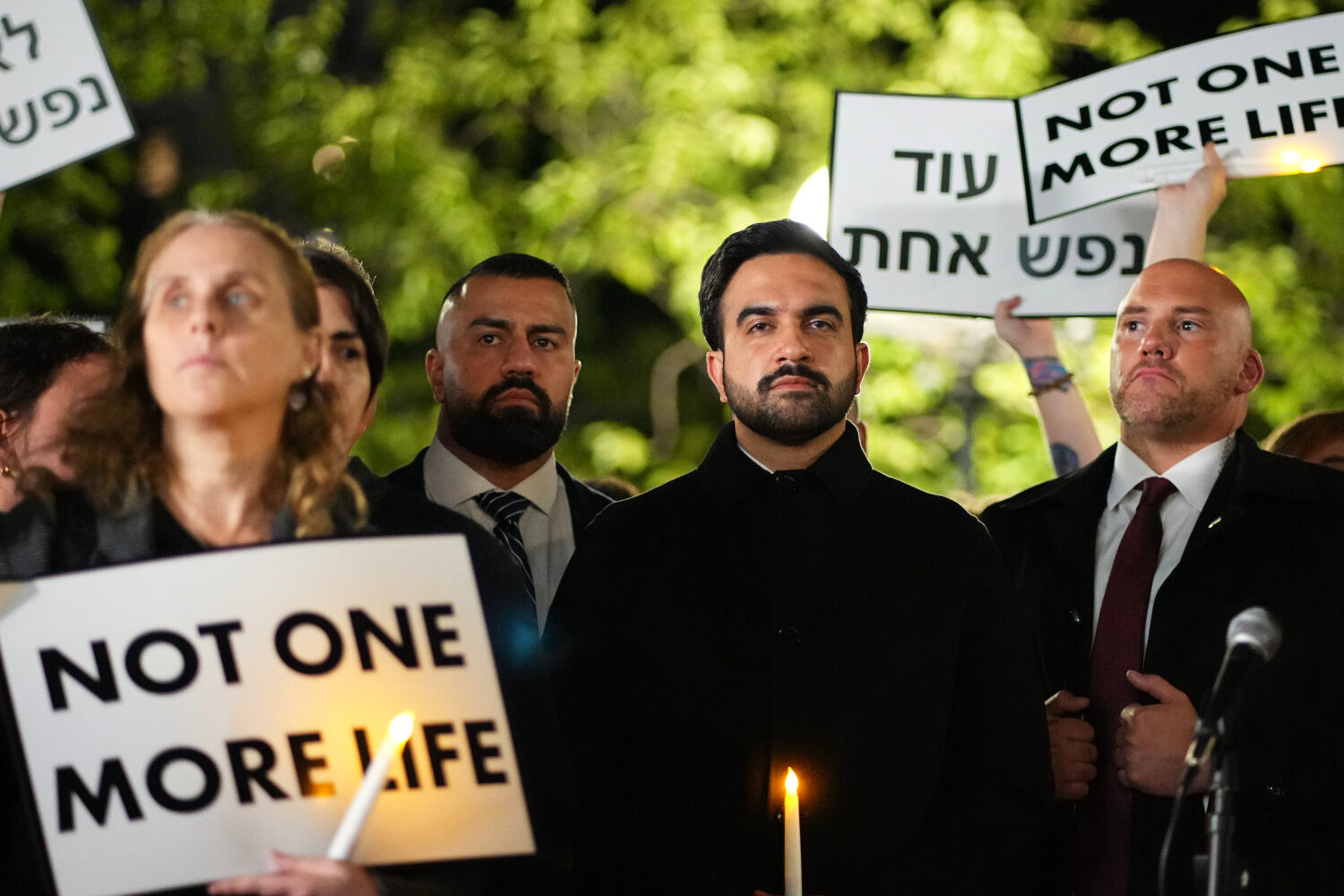 New York City Mayor Zohran Mamdani attends a vigil marking the third anniversary of the October 7 a...