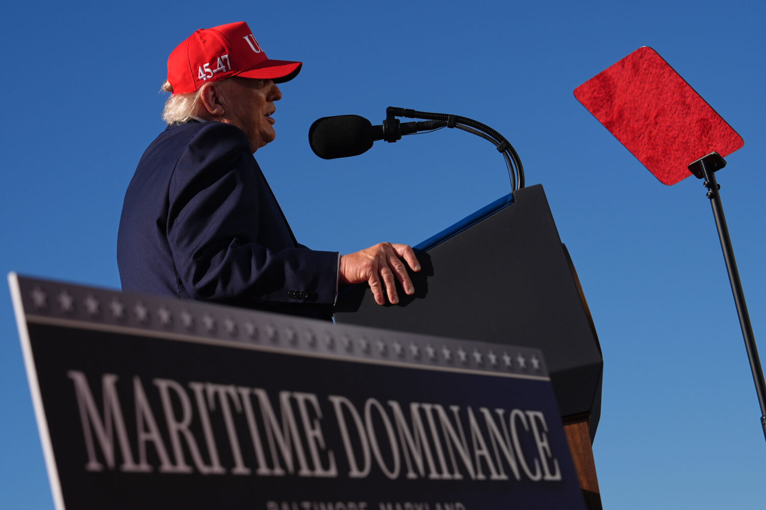 President Donald Trump speaks at an event for Anduril Industries, Inc., at Sparrows Point Shipyard,...