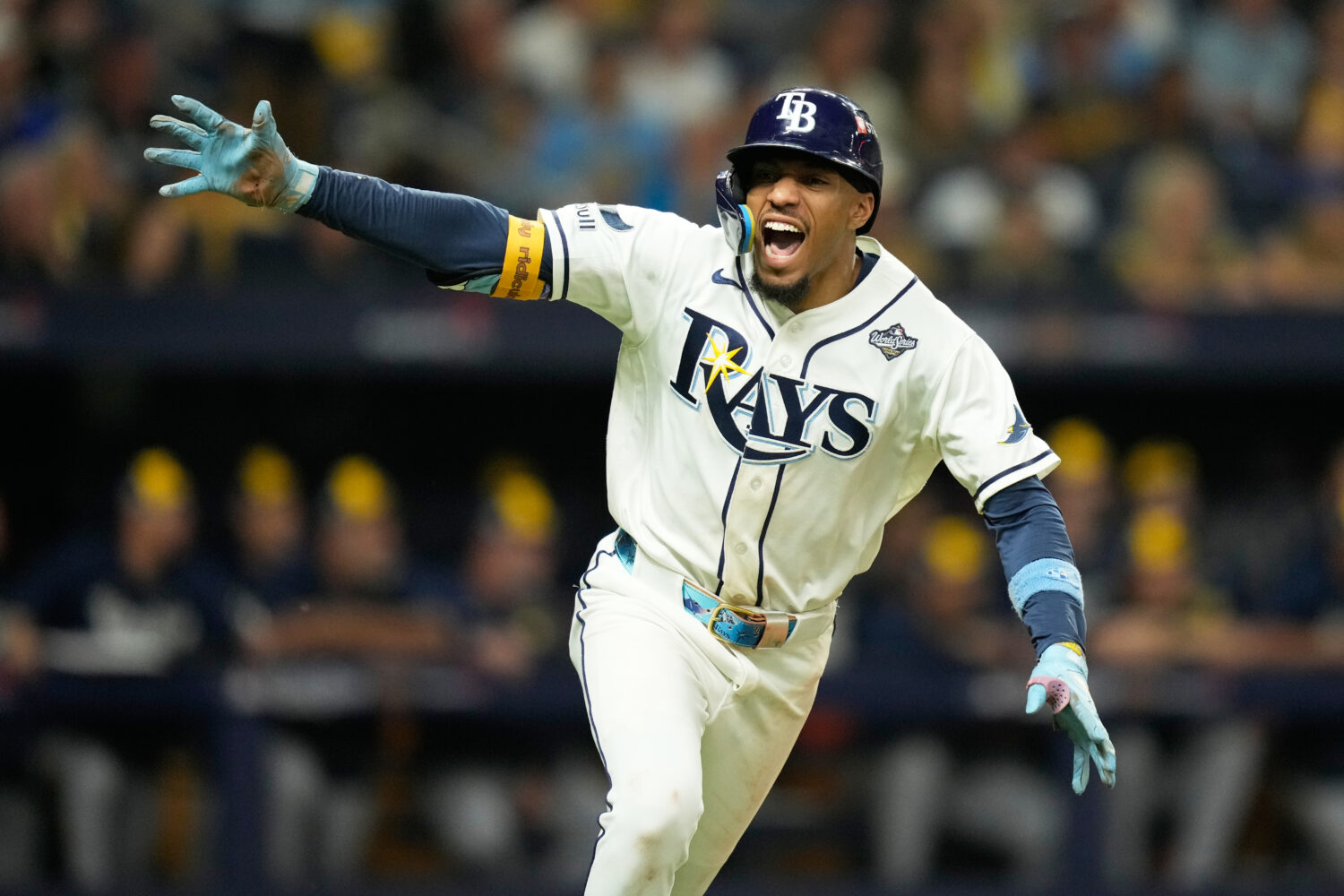 Tampa Bay Rays' Chandler Simpson celebrates during the 12th inning of Game 4 of baseball's World Se...