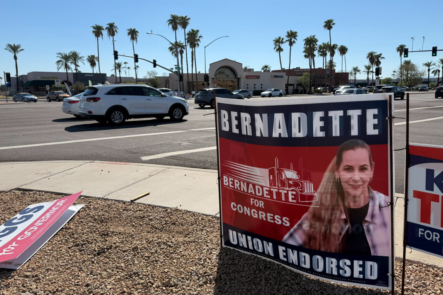 In this photo taken with a smartphone, a signboard of Democratic congressional candidate Bernadette...