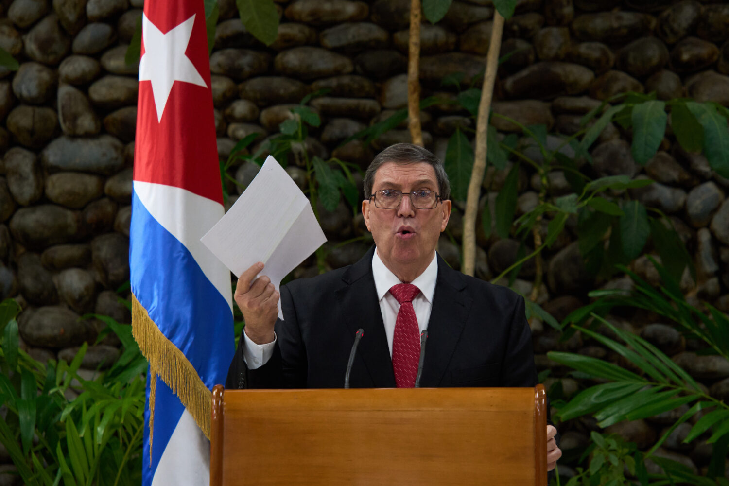 Cuban Foreign Minister Bruno Rodriguez gives a news conference regarding the U.S embargo in Havana,...