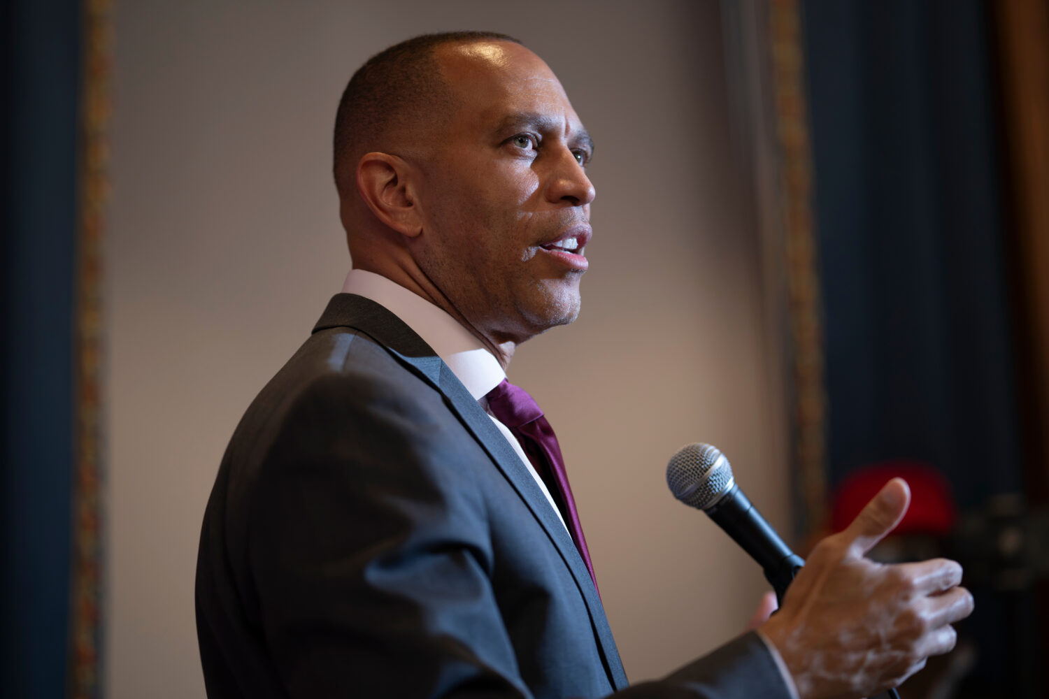 House Minority Leader Hakeem Jeffries, D-N.Y., talks about the policies of President Donald Trump a...