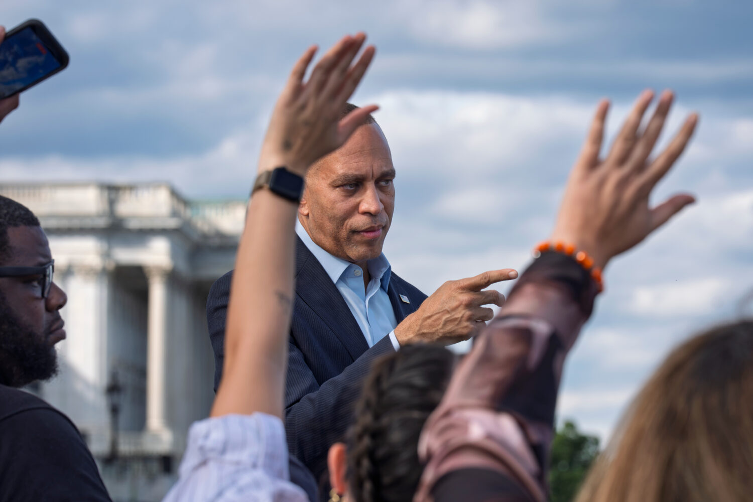 House Democratic Leader Hakeem Jeffries of New York speaks to reporters at the Capitol in Washingto...