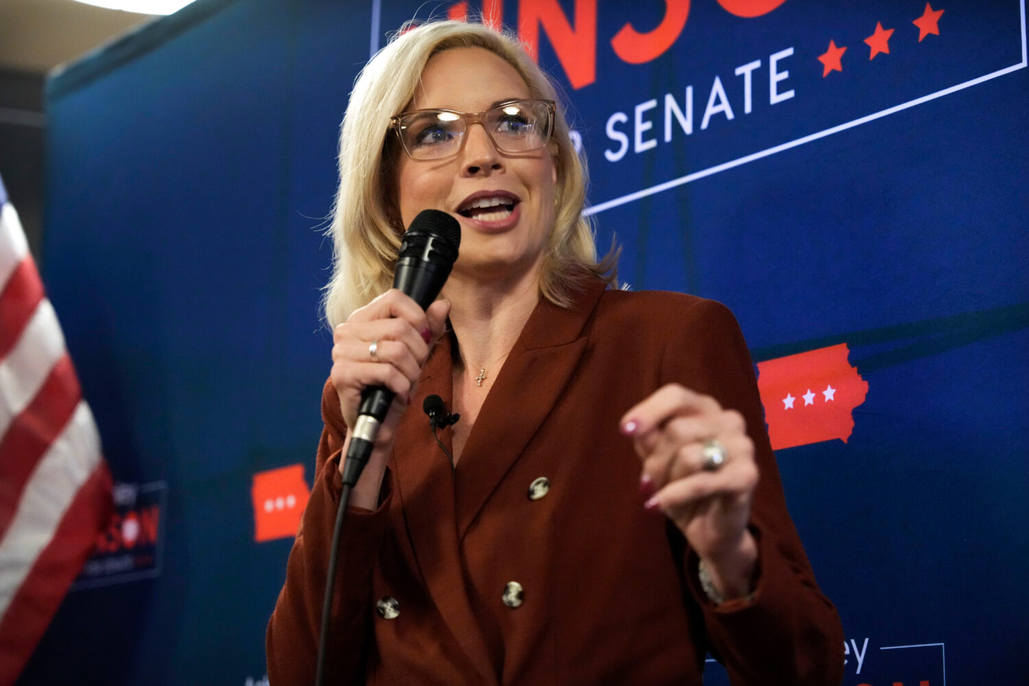 Republican nominee for U.S. Senate Rep. Ashley Hinson, R-Iowa, speaks to supporters, Thursday, Oct....