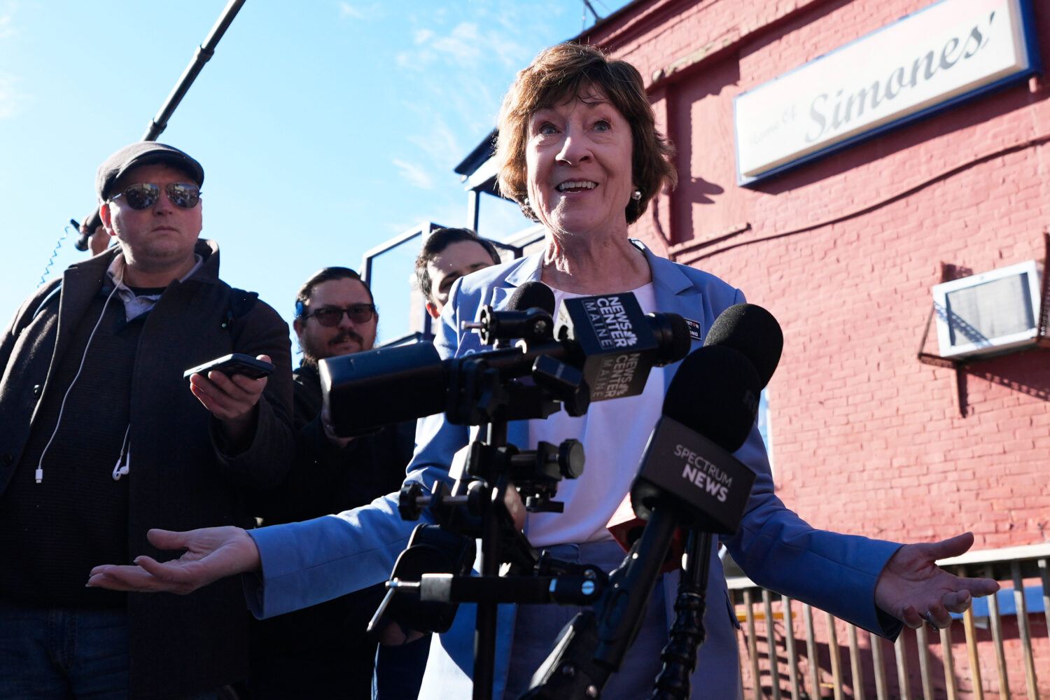 Sen. Susan Collins speaks to reporters following a campaign stop Wednesday, Oct. 21, 2026, in Lewis...